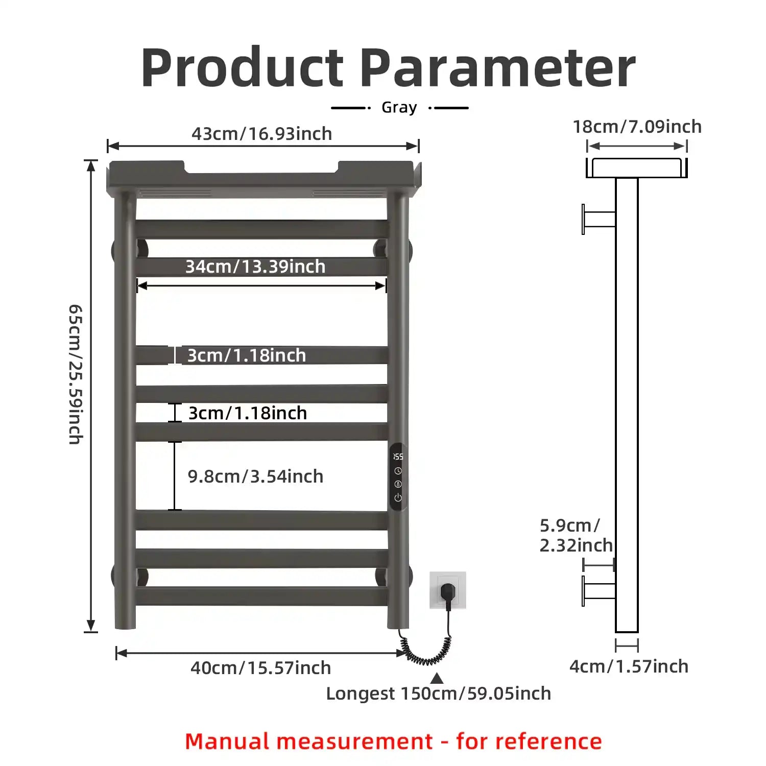 18 x 27 gray hot towel warmer product dimensions and detailed measurements diagram | Ace Decor