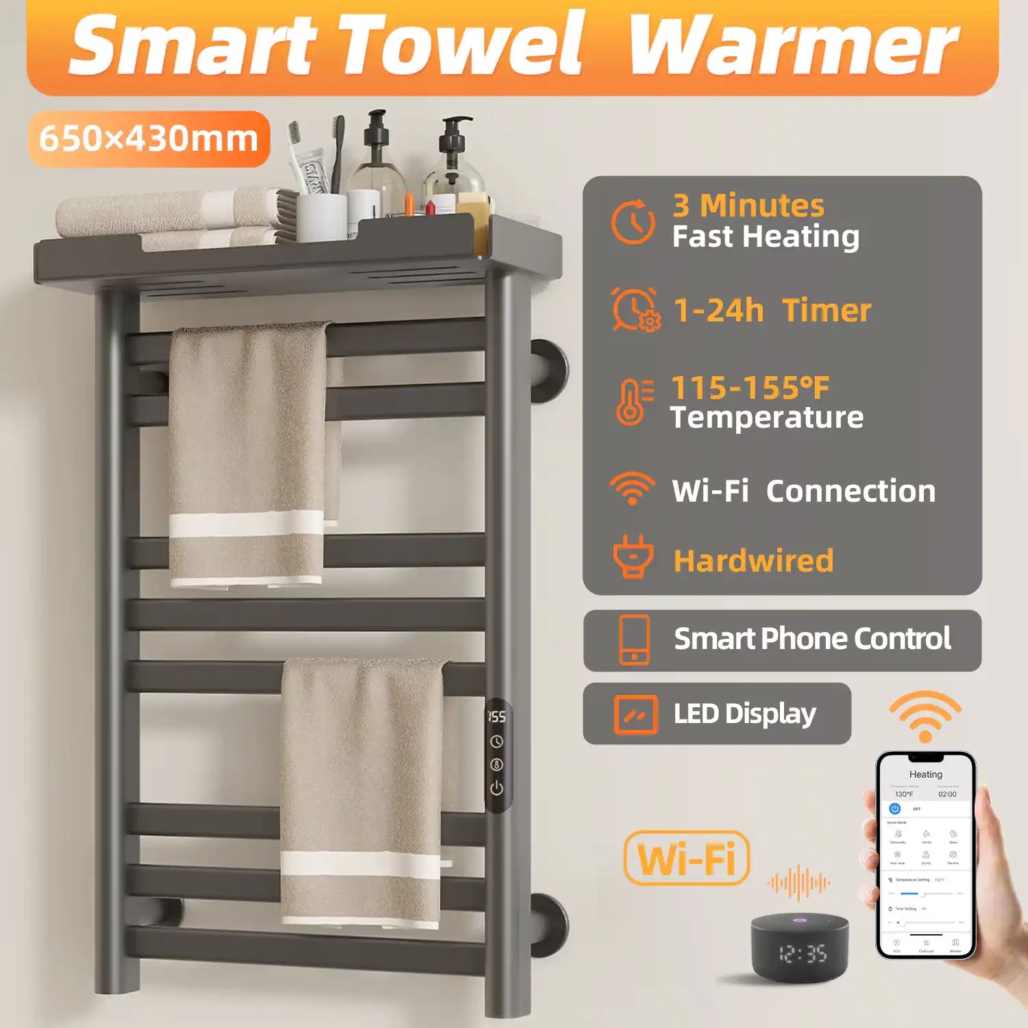 18 x 27 gray wall-mounted hot towel warmer featuring timer and temperature settings | Ace Decor