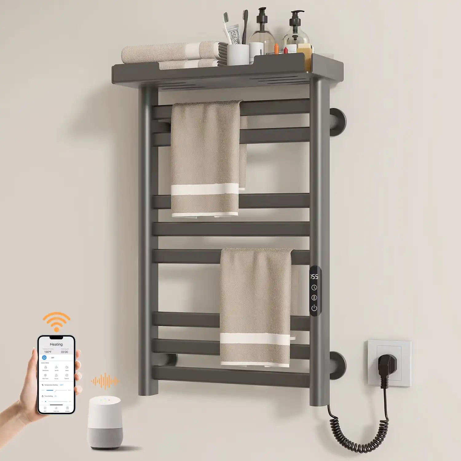 Modern gray 18 x 27 hot towel warmer with smartphone and voice assistant control | Ace Decor
