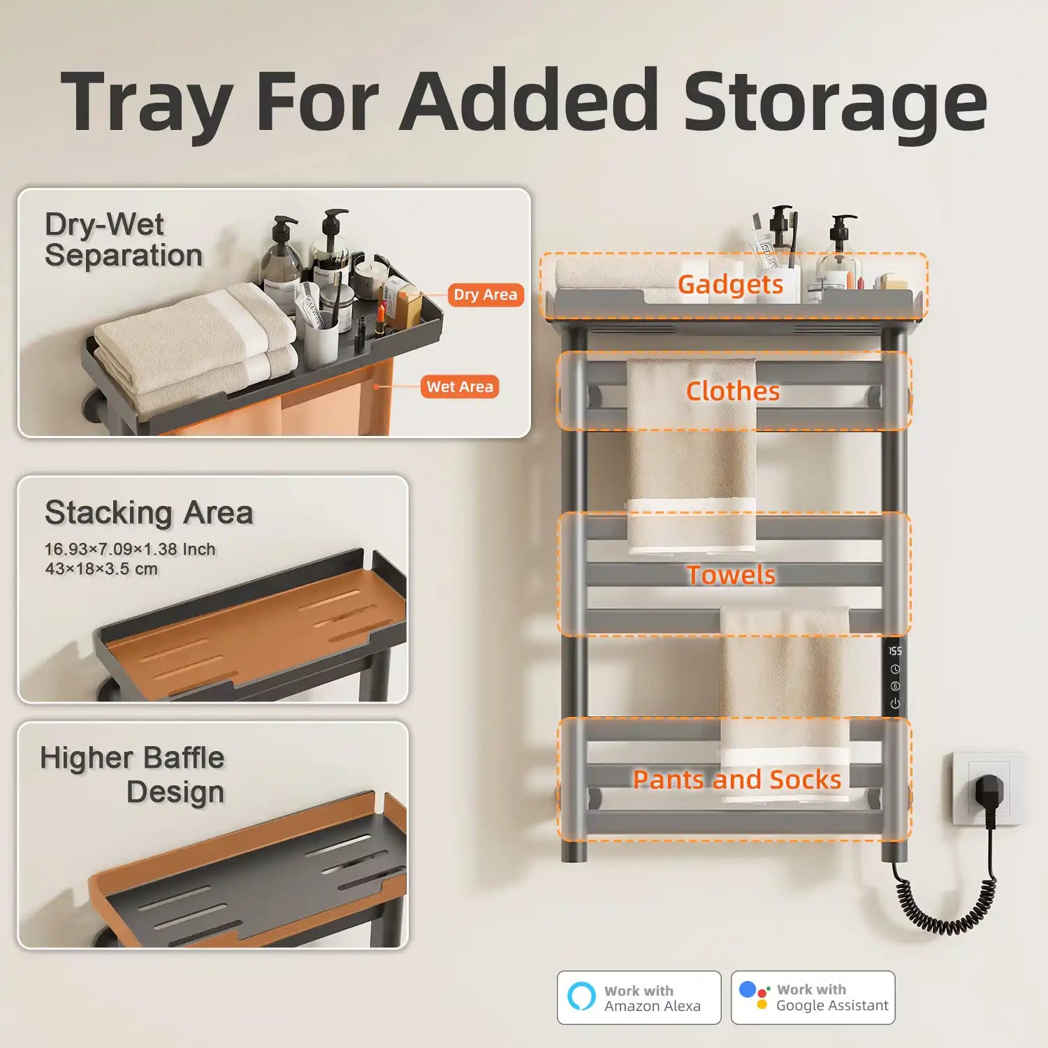 18 x 27 gray hot towel warmer with shelf for dry-wet separation and multi-layer storage.