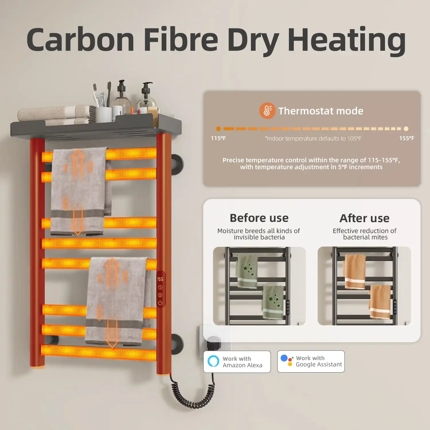 Carbon fiber dry heating 18 x 27 gray hot towel warmer showing 115–155°F temperature range | Ace Decor