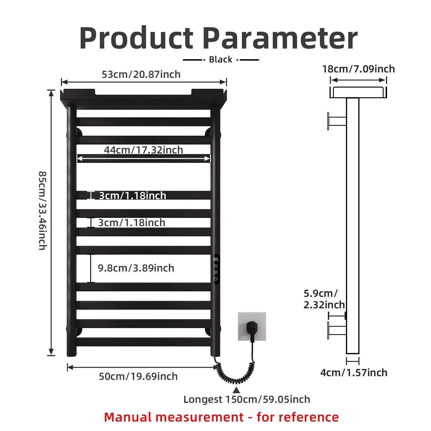 Black heated towel rack dimension chart with detailed measurements in inches and centimeters.