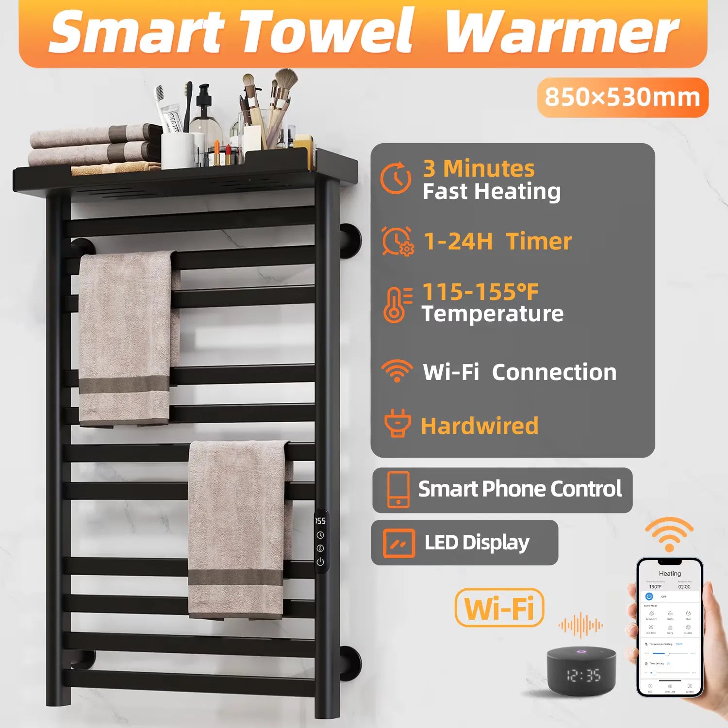 Smart heated towel rack feature highlights with WiFi control, adjustable temperature 115-155°F, 1-24H timer, and LED display.