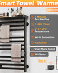 Smart heated towel rack feature highlights with WiFi control, adjustable temperature 115-155°F, 1-24H timer, and LED display.