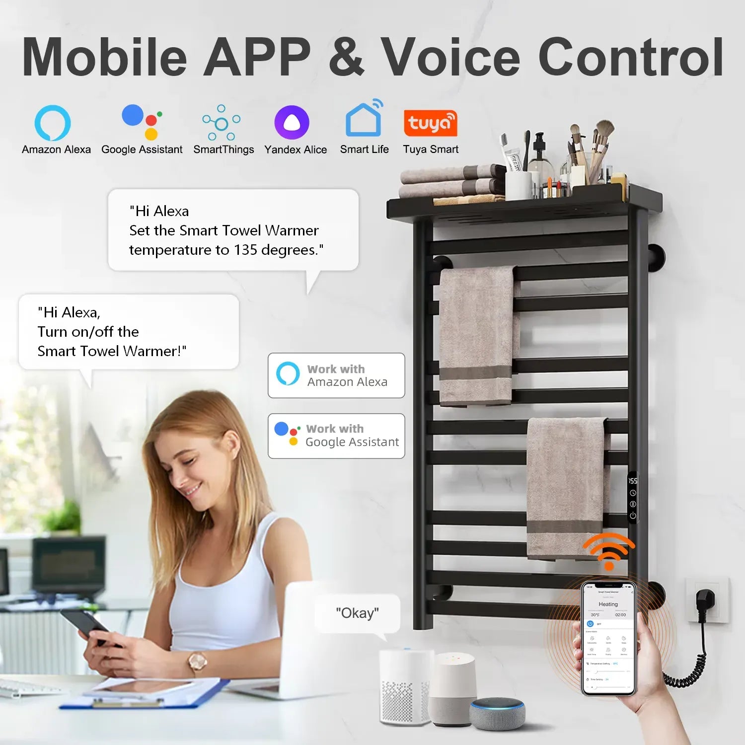 WiFi-enabled towel warmer with mobile app and voice control via Alexa and Google Assistant.