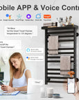 WiFi-enabled towel warmer with mobile app and voice control via Alexa and Google Assistant.