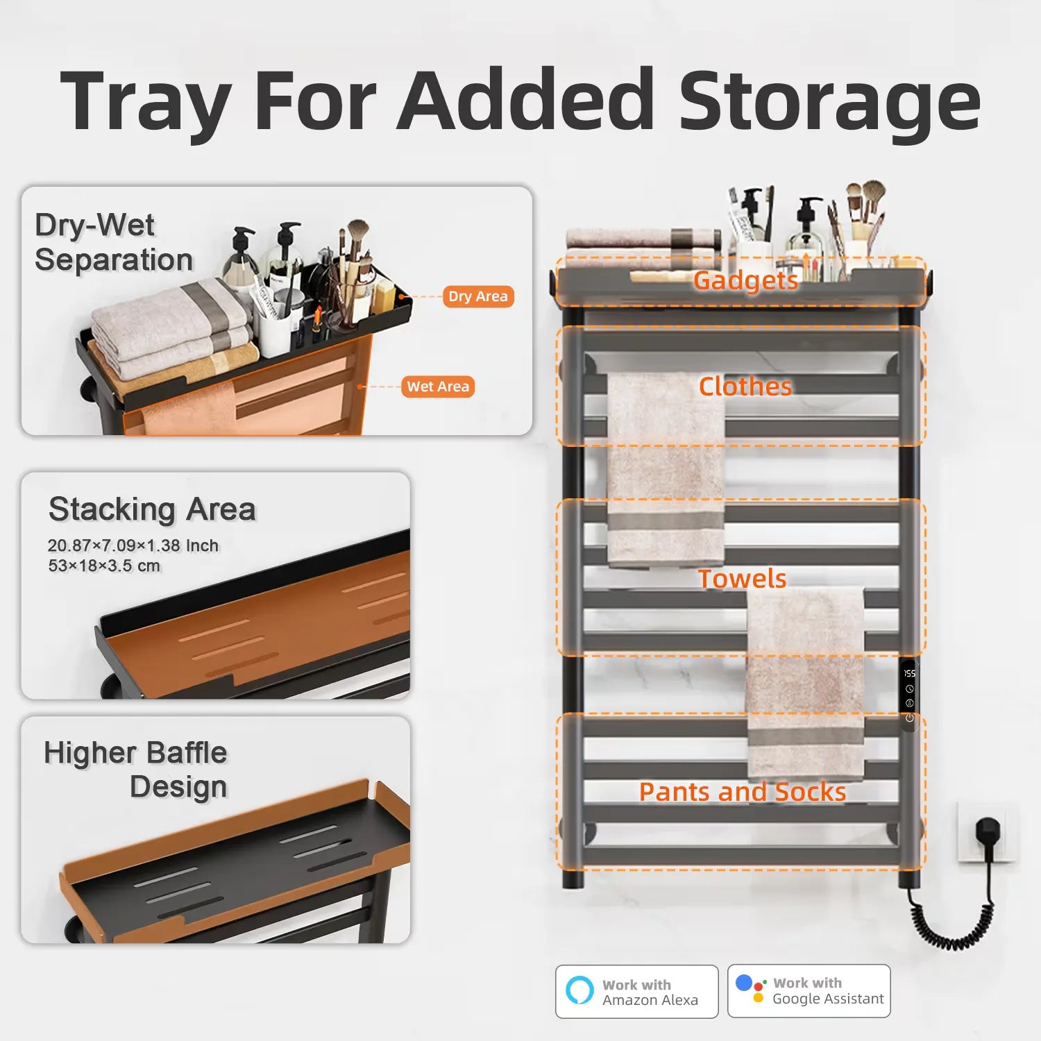 Heated towel rack with top storage tray, dry-wet separation design, and 11 drying bars.