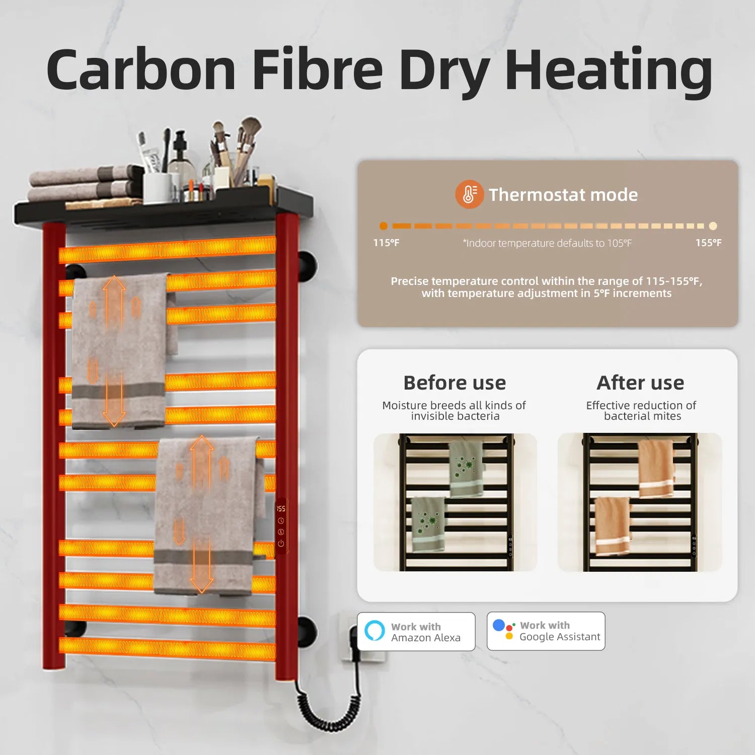 Heated towel rack with carbon fiber dry heating technology with adjustable 115-155°F thermostat.