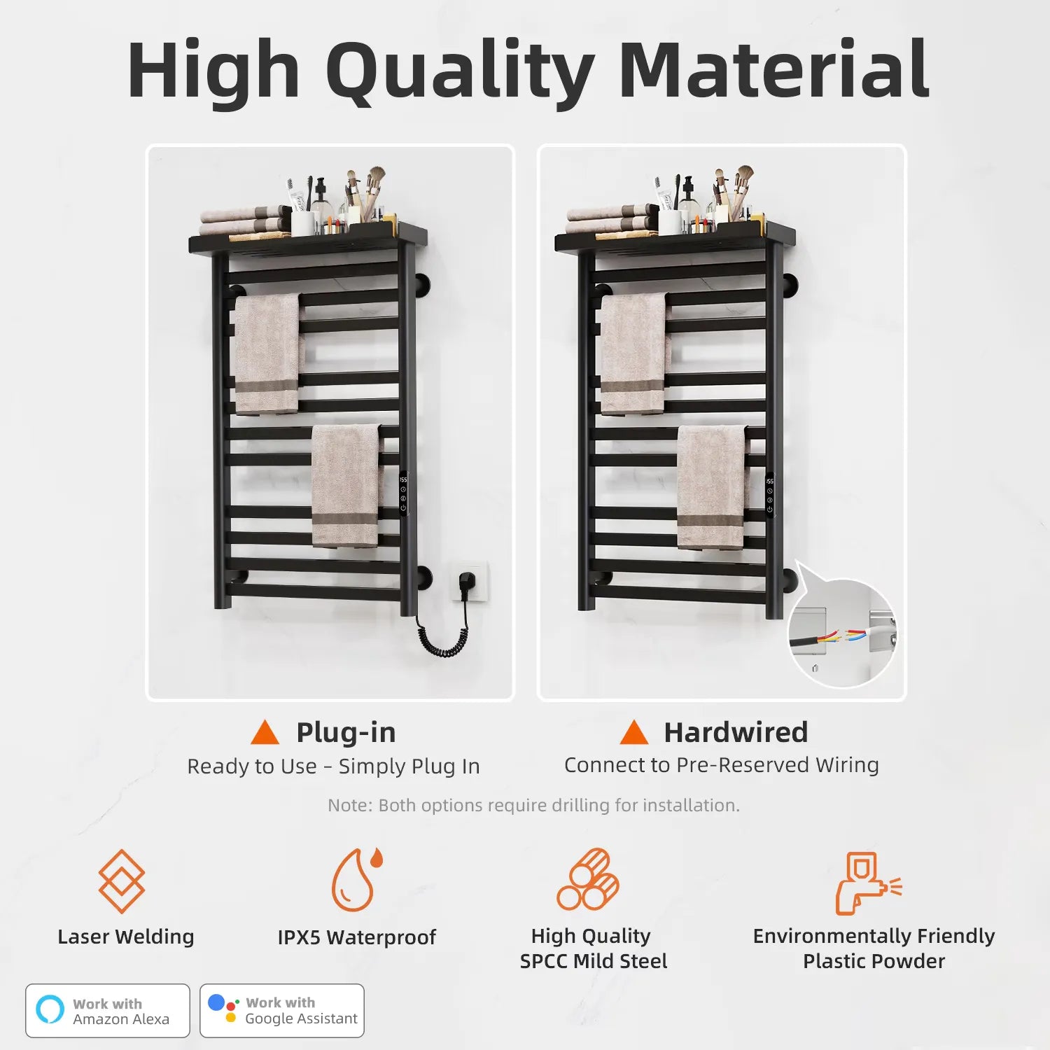Heated towel rack with SPCC steel, laser welding, IPX5 waterproof rating, and plug-in or hardwired installation options.