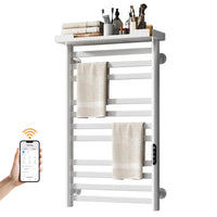 Thervon-Plus Series 21" x 33" 11-Bar Smart Heated Towel Rack with Storage Shelf – White