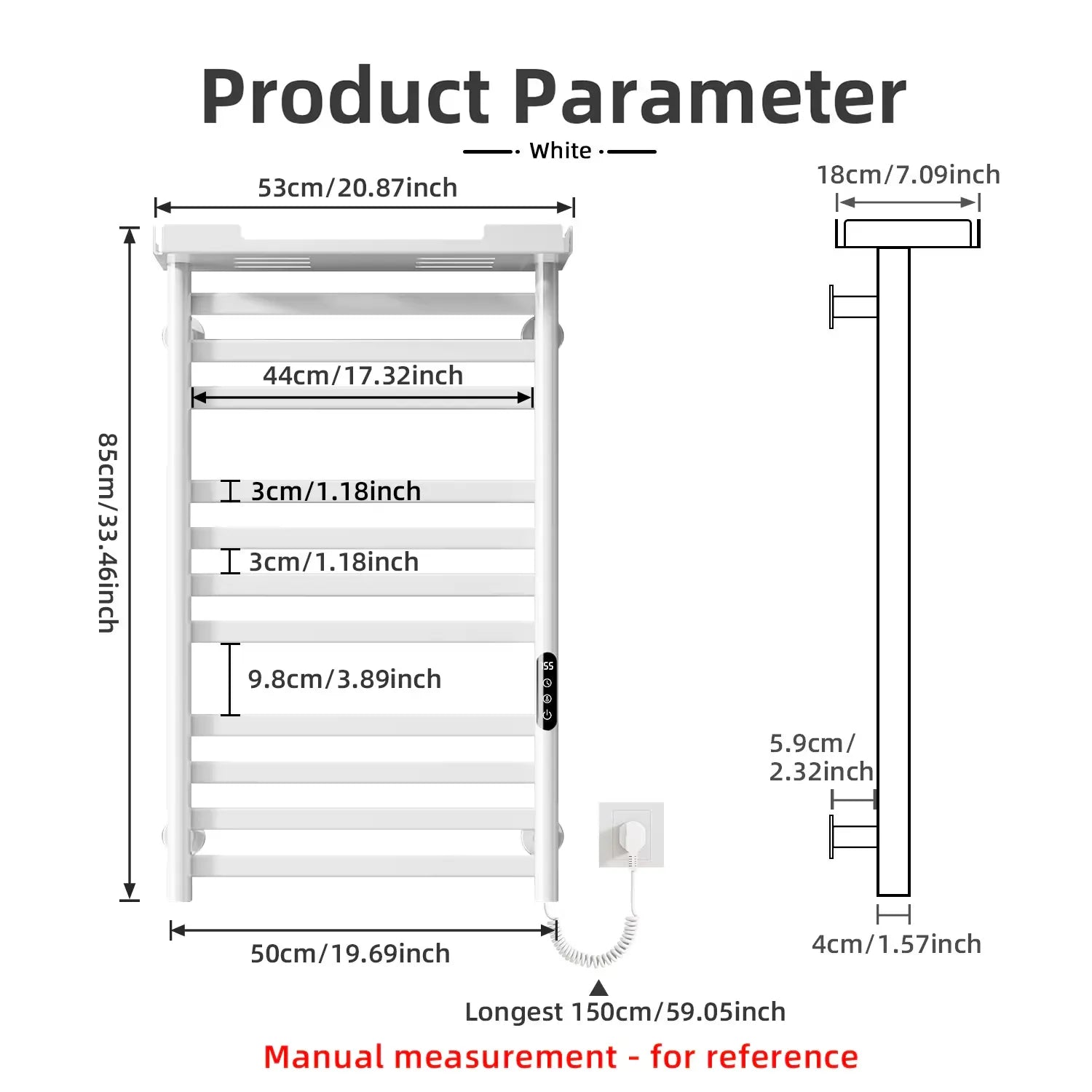 White heated towel rack dimension chart with detailed measurements in inches and centimeters.