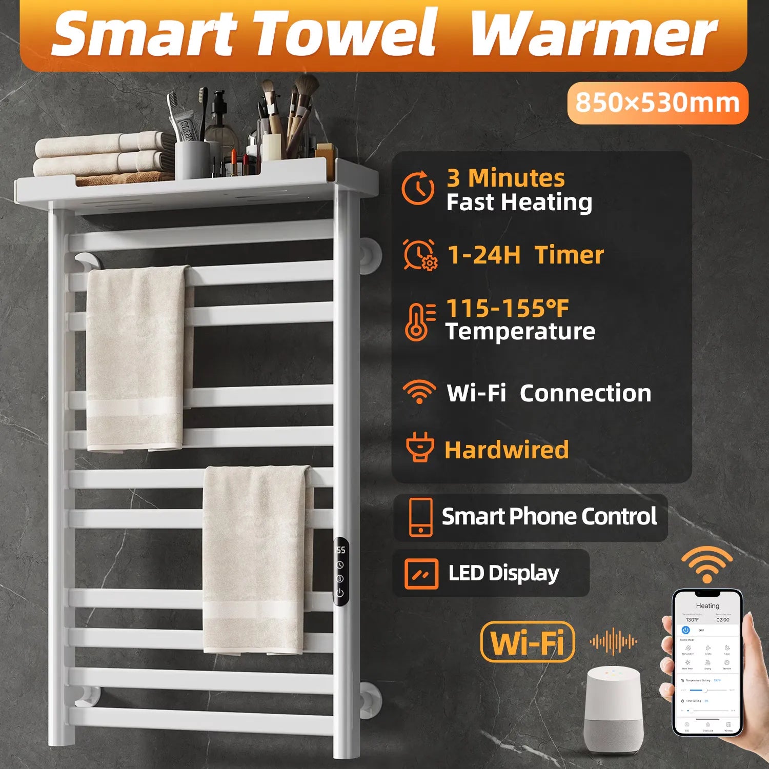 Smart heated towel rack feature highlights with WiFi control, adjustable temperature 115-155°F, 1-24H timer, and LED display.