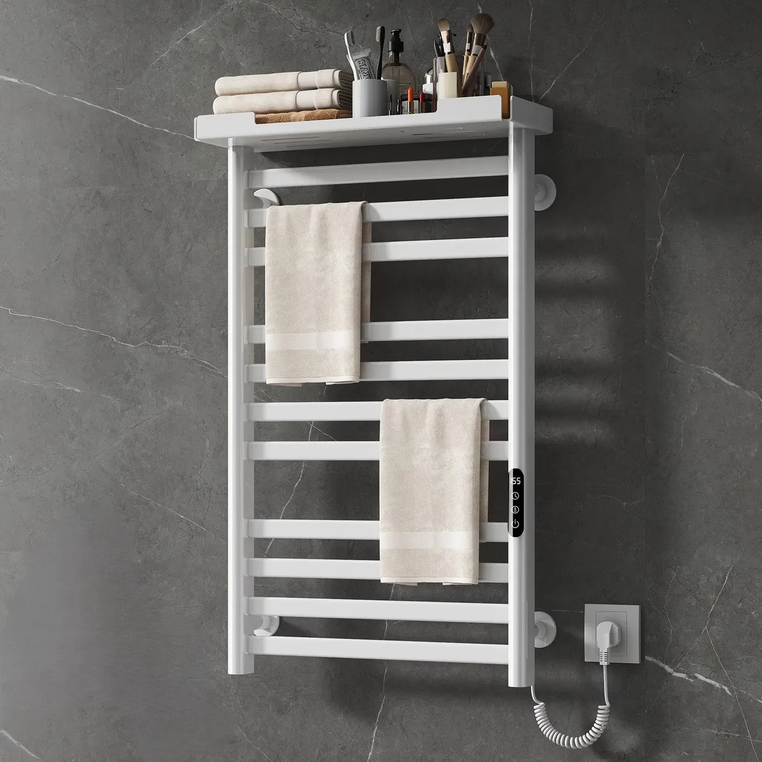 White heated towel rack mounted on gray marble bathroom wall with storage shelf and LED touch panel.