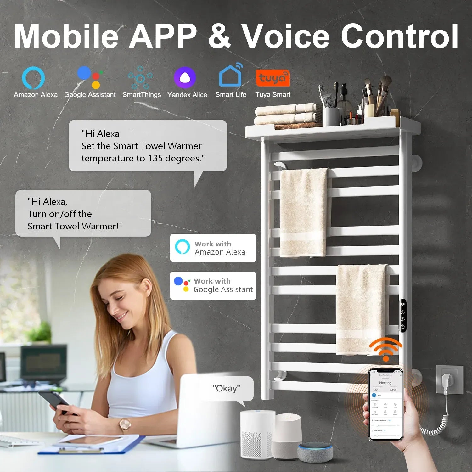 WiFi-enabled towel warmer with mobile app and voice control via Alexa and Google Assistant.