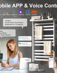 WiFi-enabled towel warmer with mobile app and voice control via Alexa and Google Assistant.