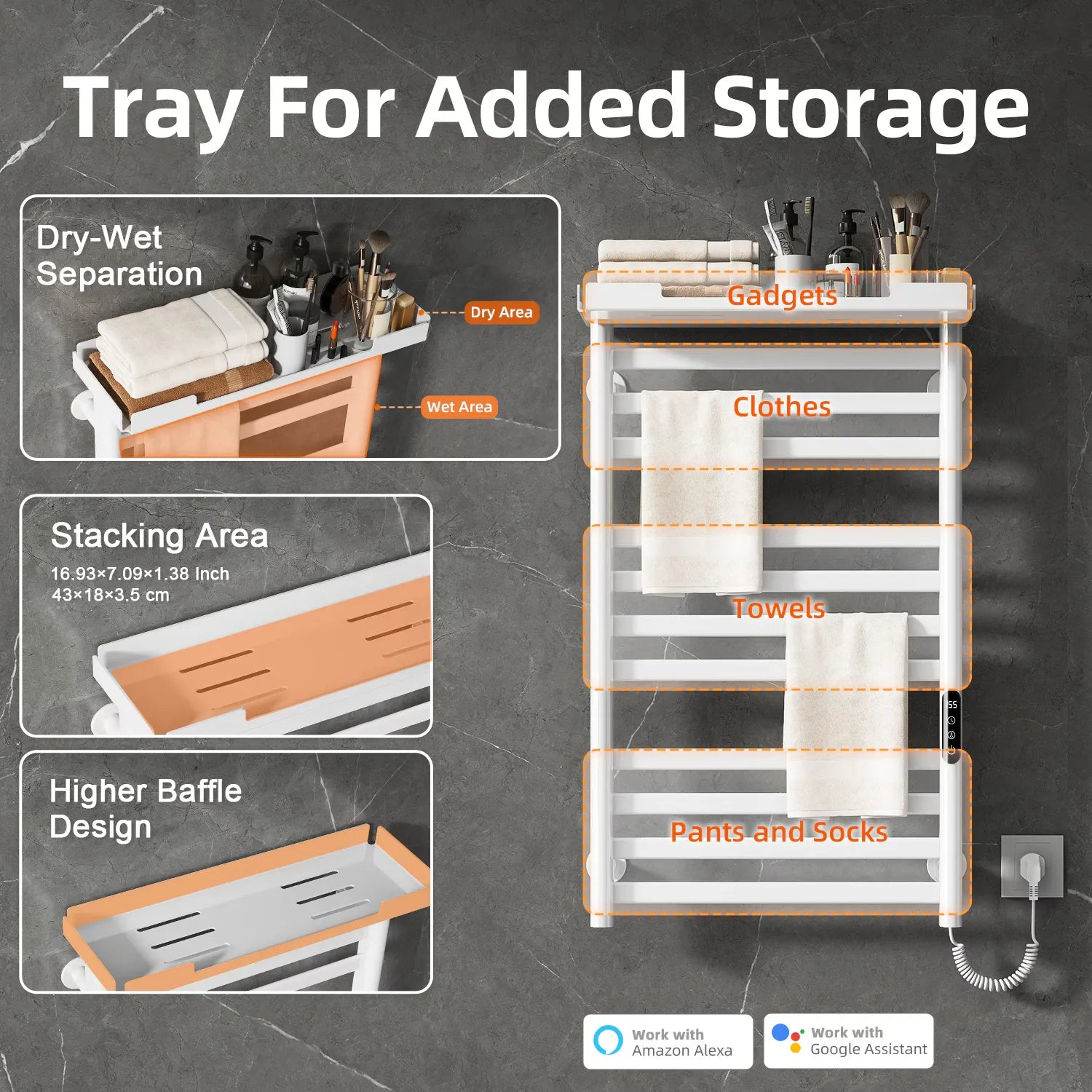 Heated towel rack with top storage tray, dry-wet separation design, and 11 drying bars.
