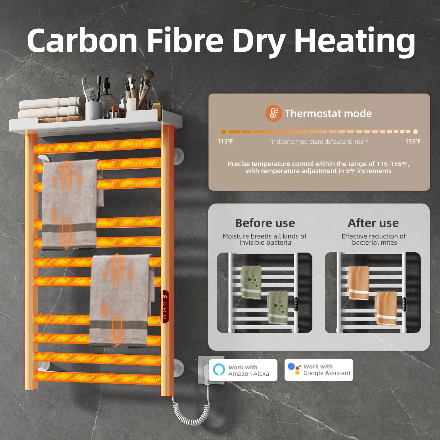 Heated towel rack with carbon fiber dry heating technology with adjustable 115-155°F thermostat.
