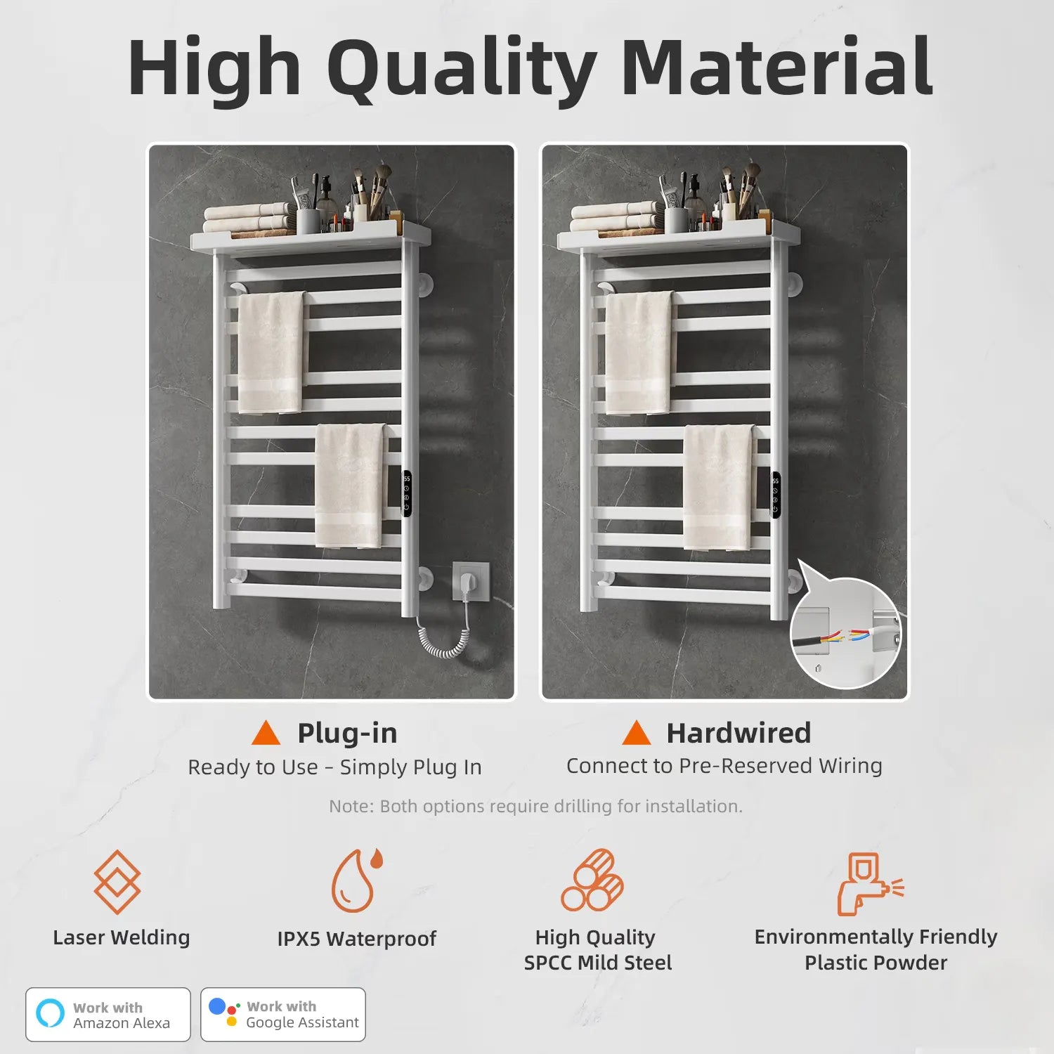 Heated towel rack with SPCC steel, laser welding, IPX5 waterproof rating, and plug-in or hardwired installation options.