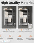 Heated towel rack with SPCC steel, laser welding, IPX5 waterproof rating, and plug-in or hardwired installation options.