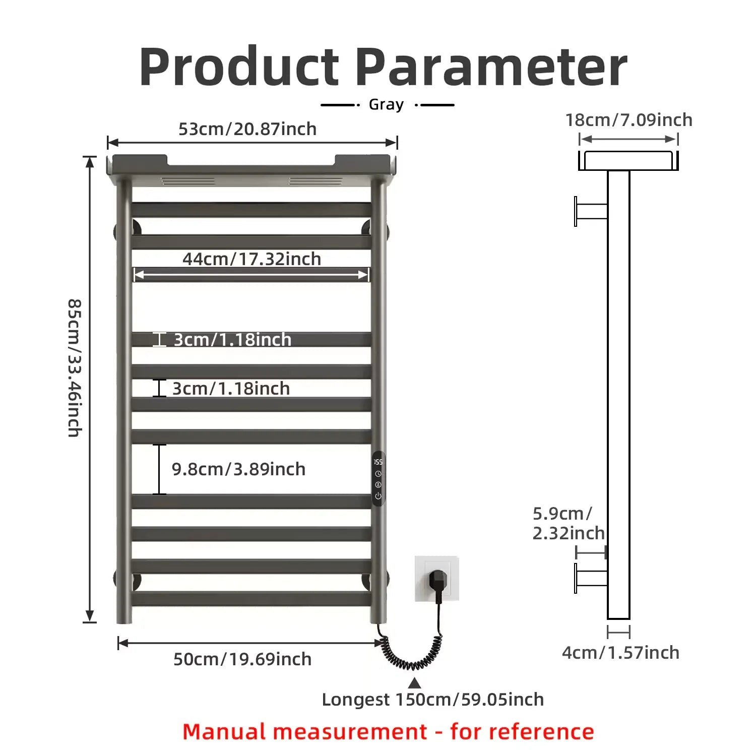 Gray heated towel rack dimension chart with detailed measurements in inches and centimeters.