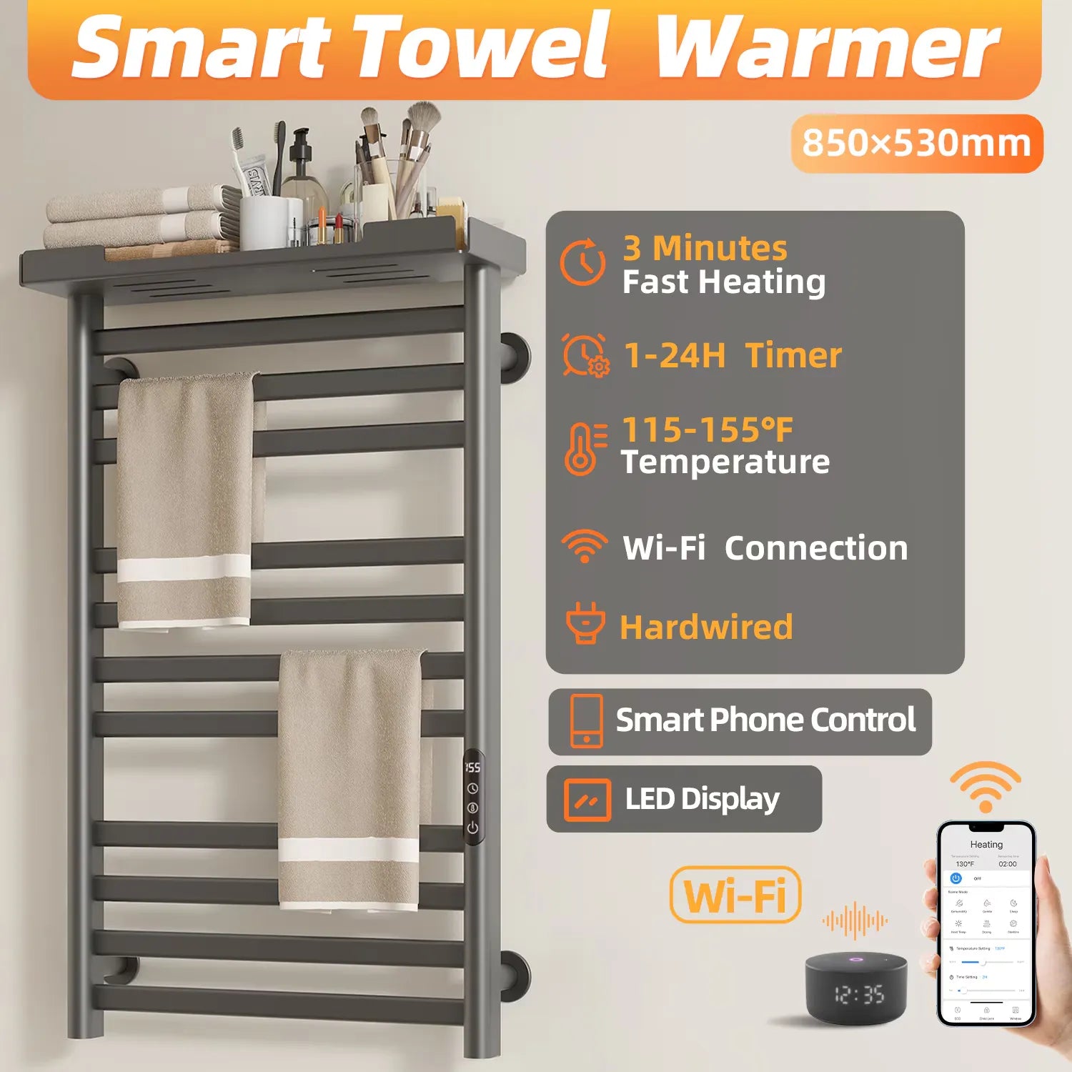 Smart heated towel rack feature highlights with WiFi control, adjustable temperature 115-155°F, 1-24H timer, and LED display.