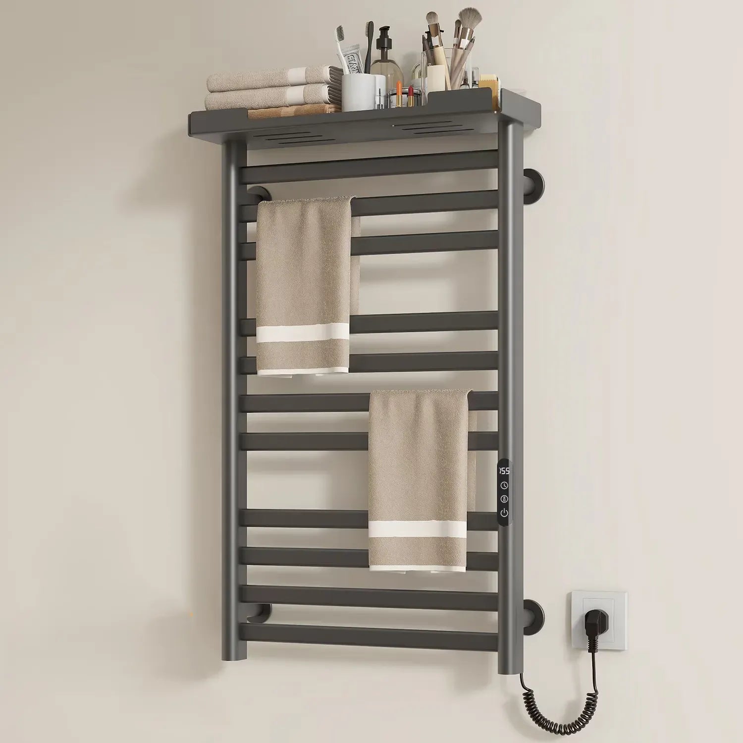 Thervon-Plus 11-Bar Smart Heated Towel Rack, featuring WiFi app control, LED touch panel, and voice assistant compatibility.
