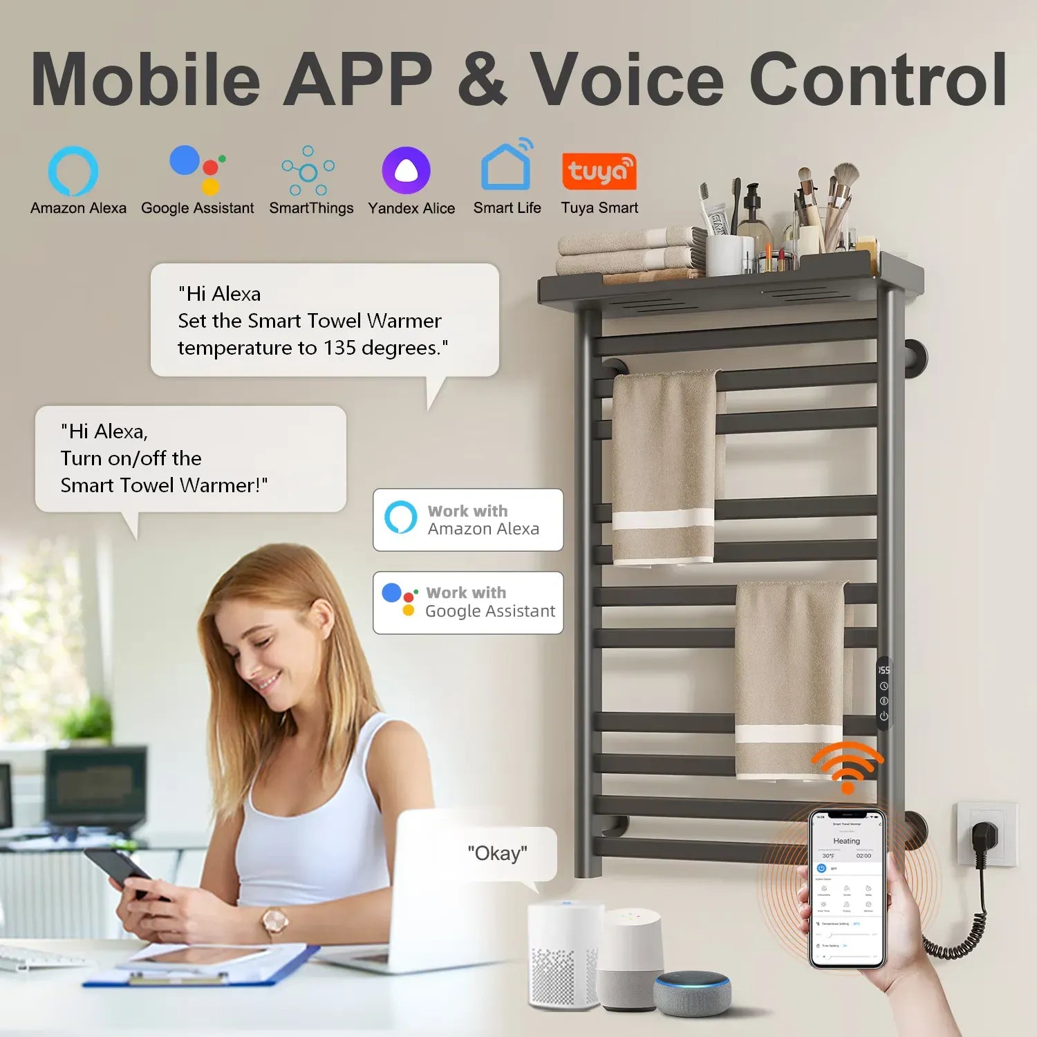WiFi-enabled towel warmer with mobile app and voice control via Alexa and Google Assistant.