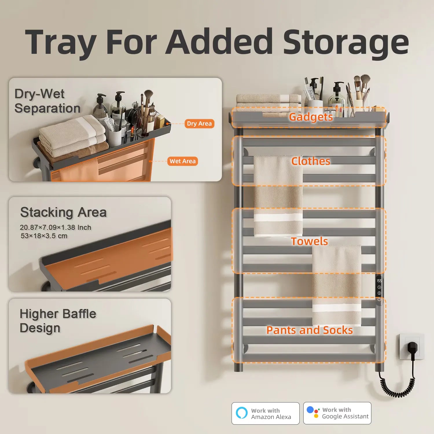 Heated towel rack with top storage tray, dry-wet separation design, and 11 drying bars.