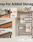 Heated towel rack with top storage tray, dry-wet separation design, and 11 drying bars.