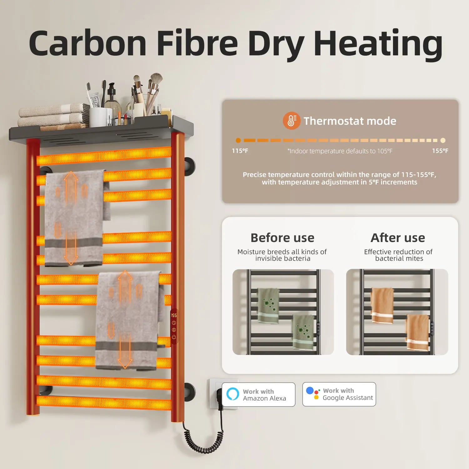 Heated towel rack with carbon fiber dry heating technology with adjustable 115-155°F thermostat.