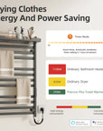 Energy-efficient heated towel rack at 290W with timer and auto-shutdown, compared to traditional bathroom heaters and dryers.