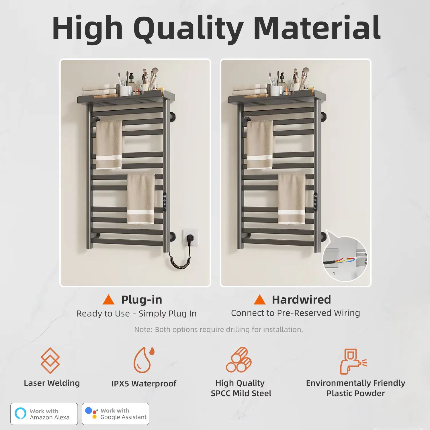 Heated towel rack with SPCC steel, laser welding, IPX5 waterproof rating, and plug-in or hardwired installation options.