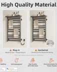 Heated towel rack with SPCC steel, laser welding, IPX5 waterproof rating, and plug-in or hardwired installation options.