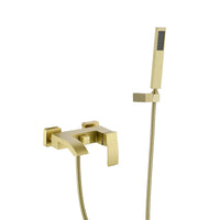 AURELIA Brushed Gold Wall-Mounted Bathtub Faucet with handheld shower, modern luxury bathroom fixture.