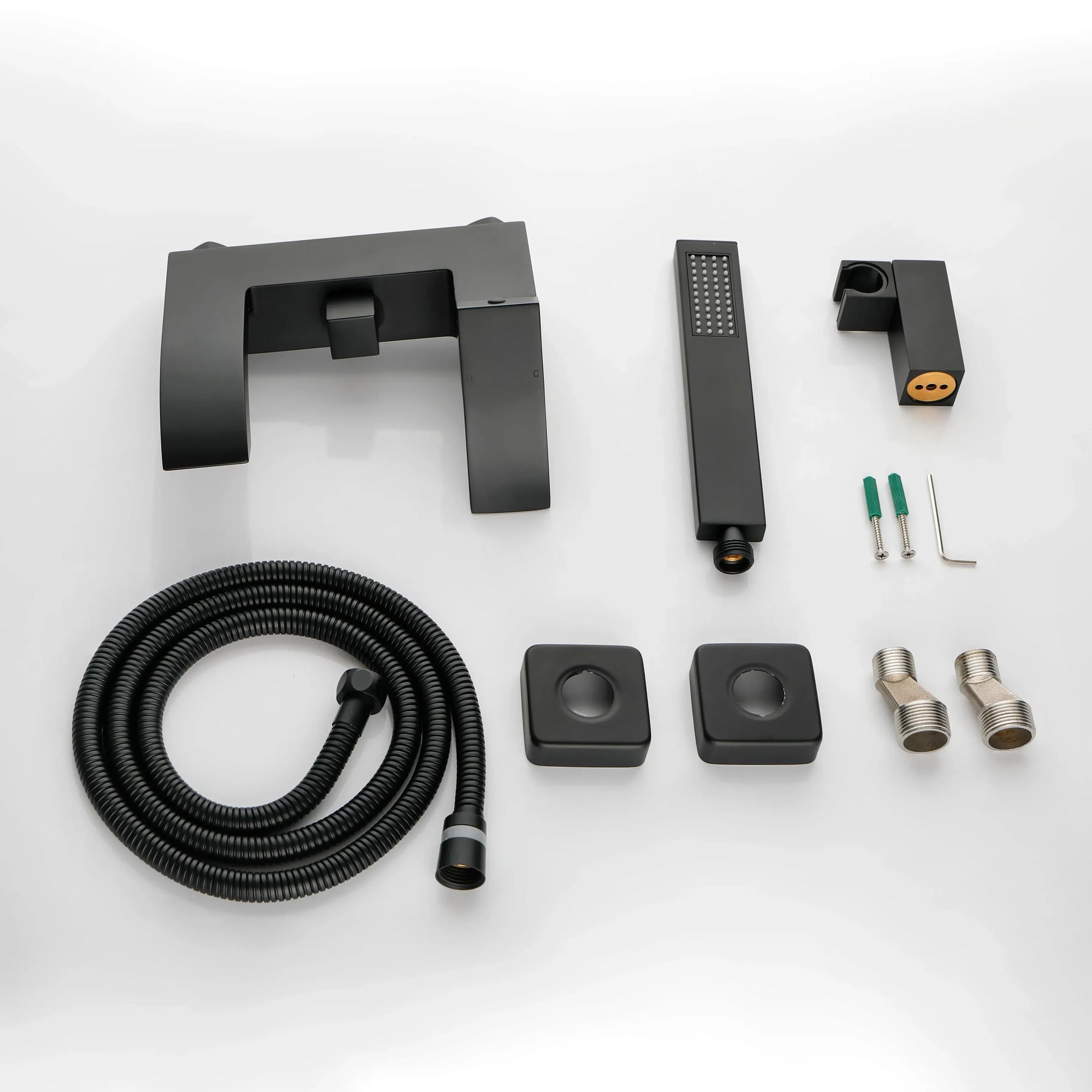 Package contents for the AURELIA matte black wall-mounted bathtub faucet with hand shower.
