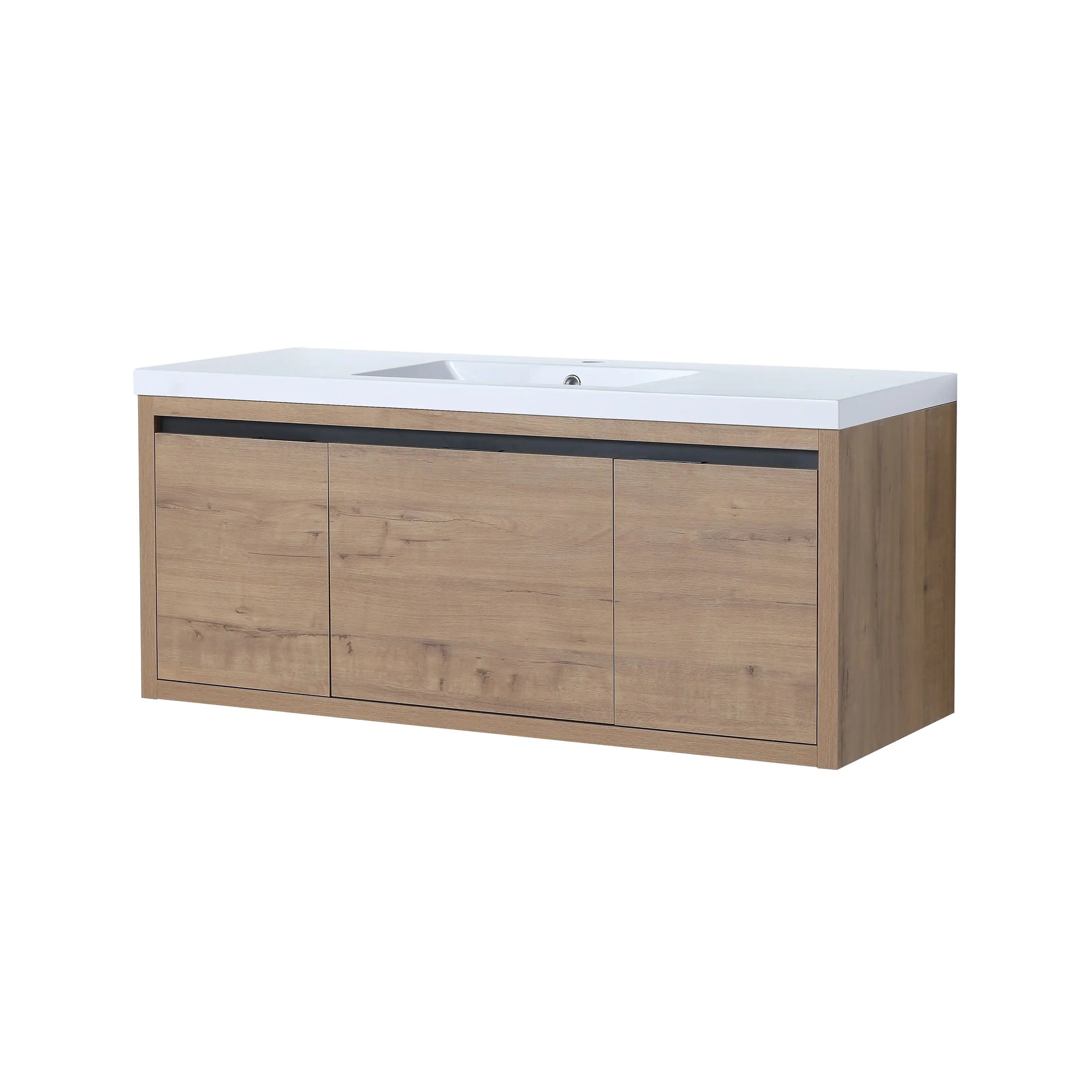 Front view of 47" wall mounted bathroom vanity with sink in imitative oak with integrated white resin top | Ace Decor