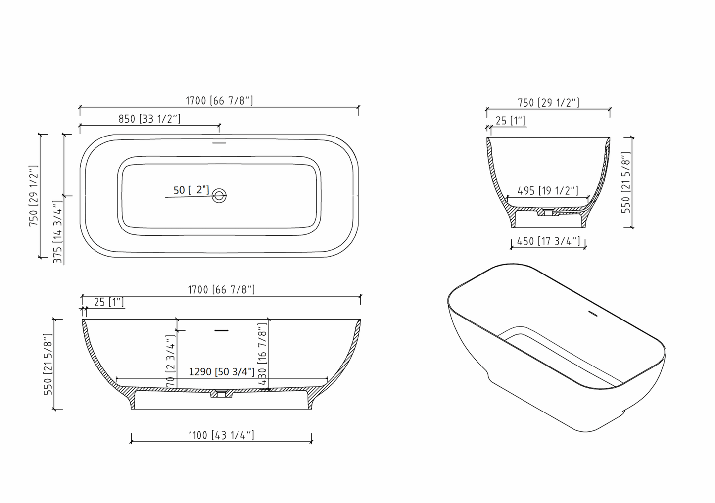 Luxury Solid Surface Freestanding Soaking Bathtub color:white