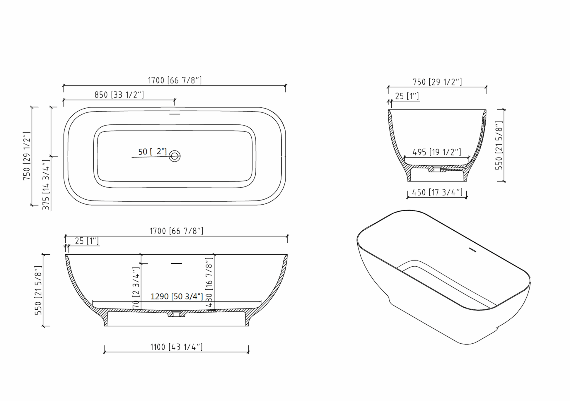 Luxury Solid Surface Freestanding Soaking Bathtub color:white