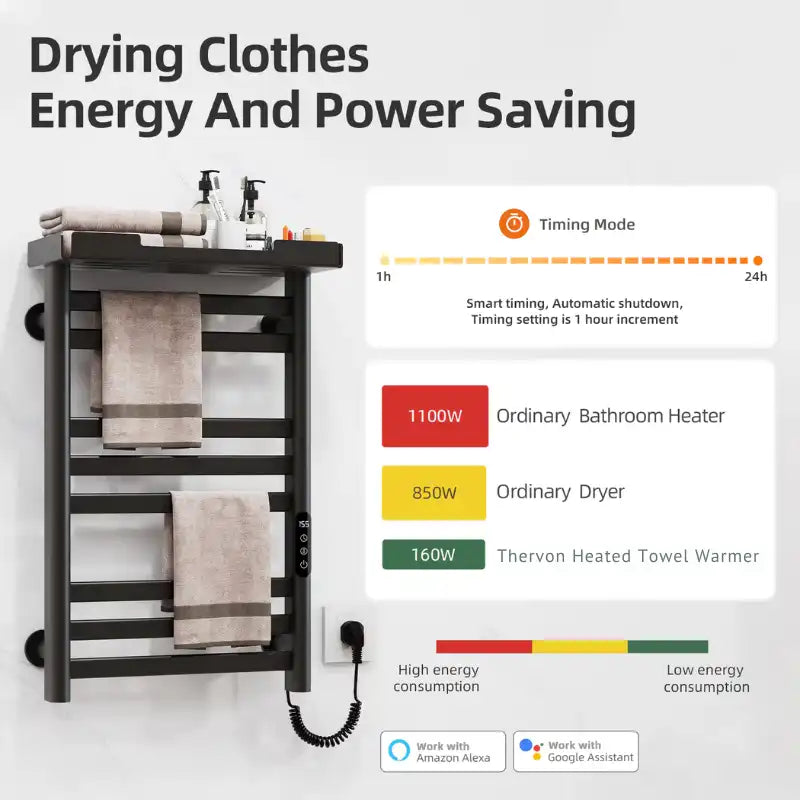 Energy-saving black Thervon Series towel warmer nearby 18 x 27 with 160W power and timer mode for efficient drying | Ace Decor
