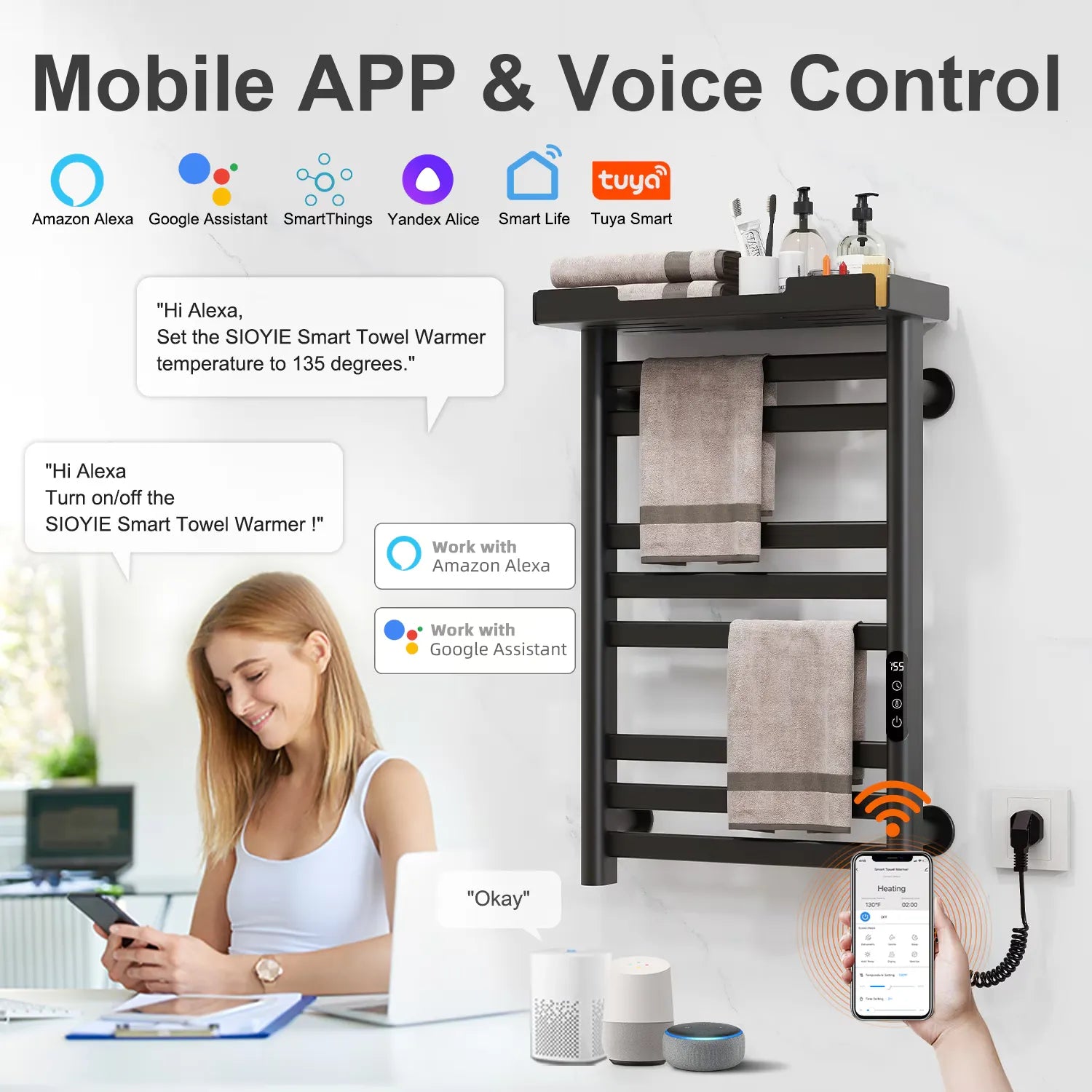 Smart black Thervon Series towel warmer nearby 18 x 27 with Wi-Fi app and voice control for easy temperature adjustment.