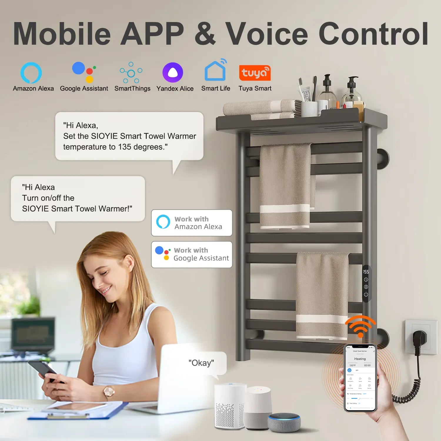 Smart 18 x 27 gray hot towel warmer with mobile app and voice control via Alexa and Google Assistant.