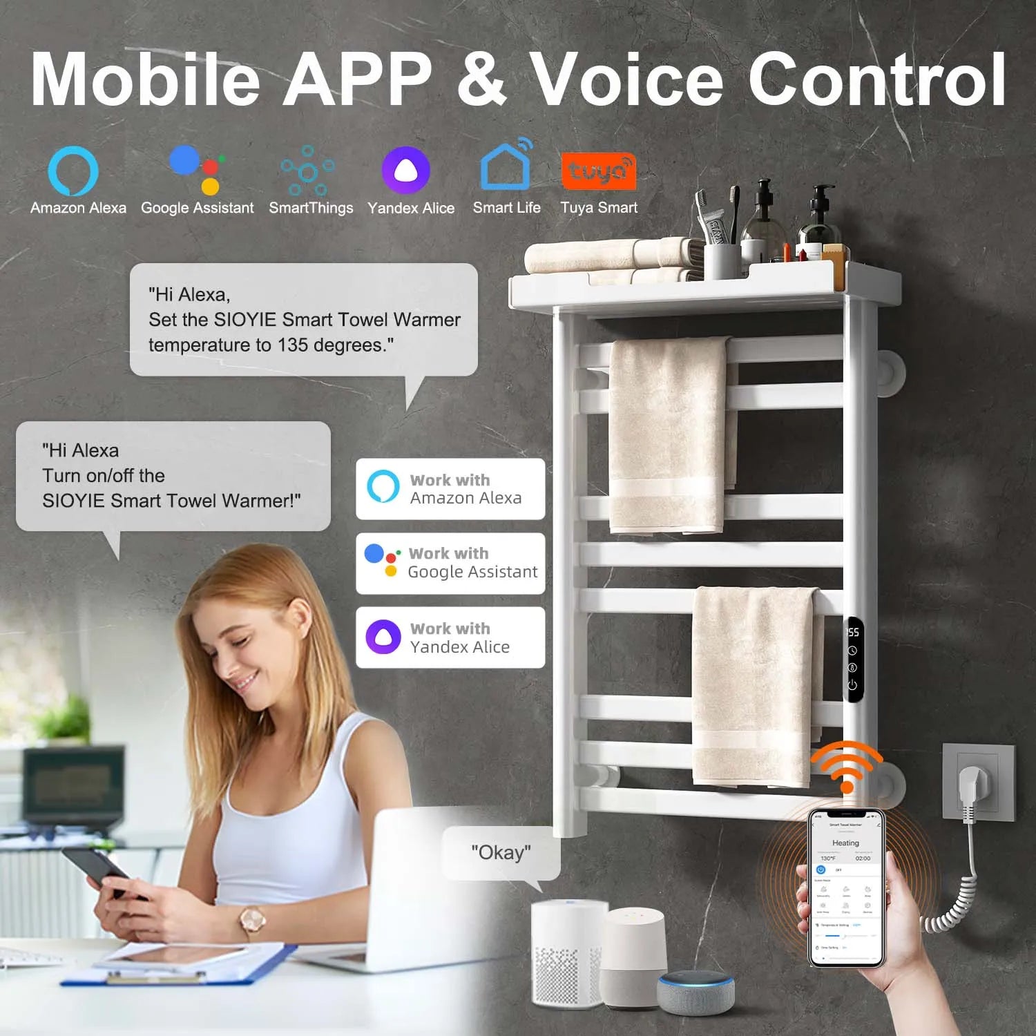18 x 27 white hot towel warmer for home with Wi-Fi and voice control via Alexa and Google Assistant.