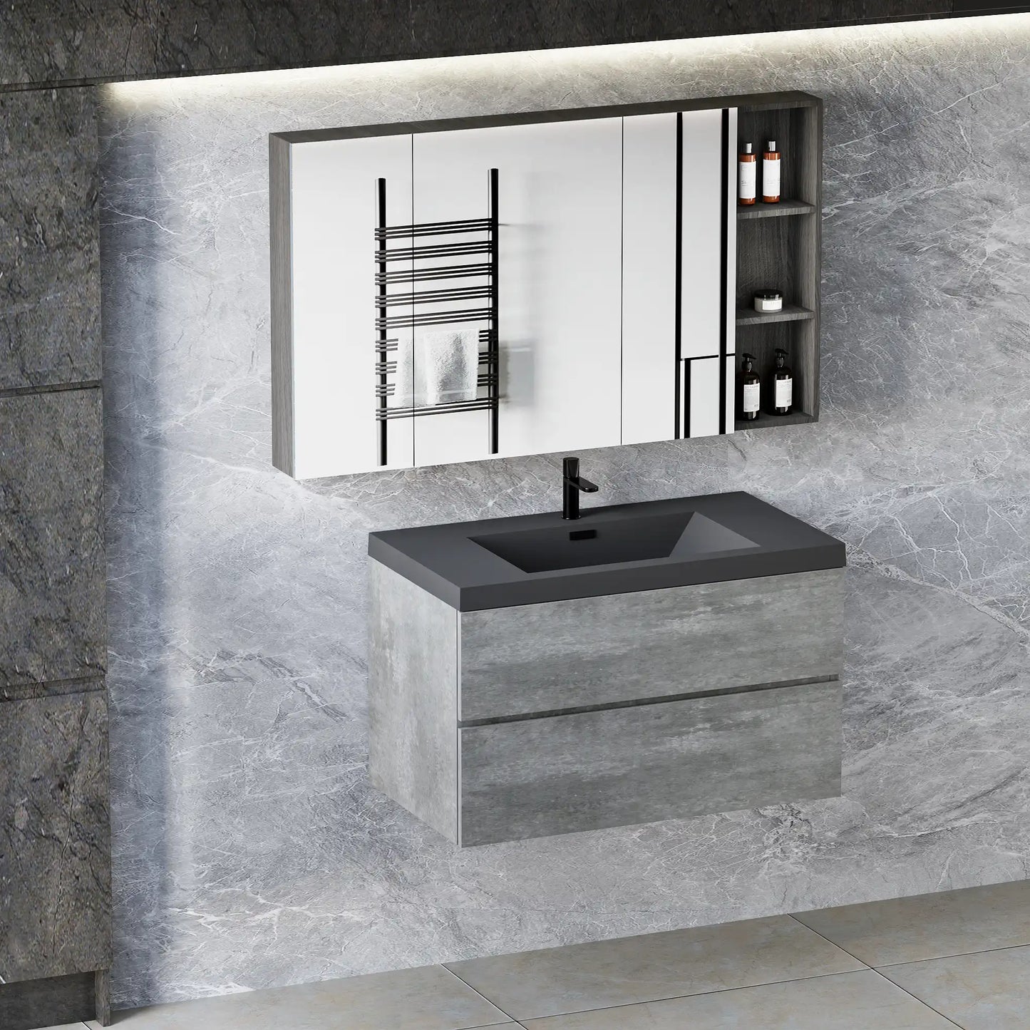 Floating Bathroom Vanity with Quartz Sand Basin and Soft Close Drawers color: Grey