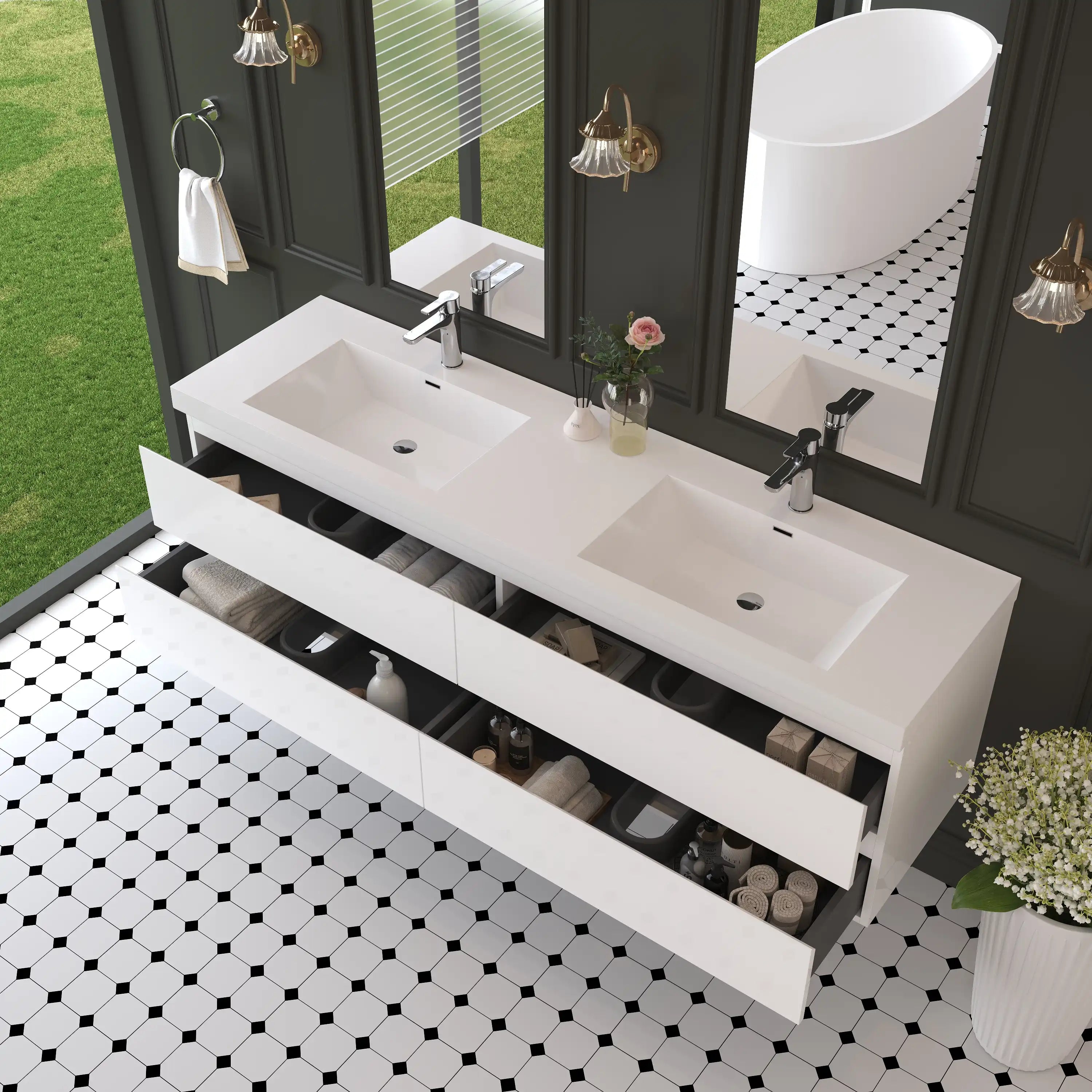 72 inch white bathroom vanity with double sinks and fully extended storage drawers.