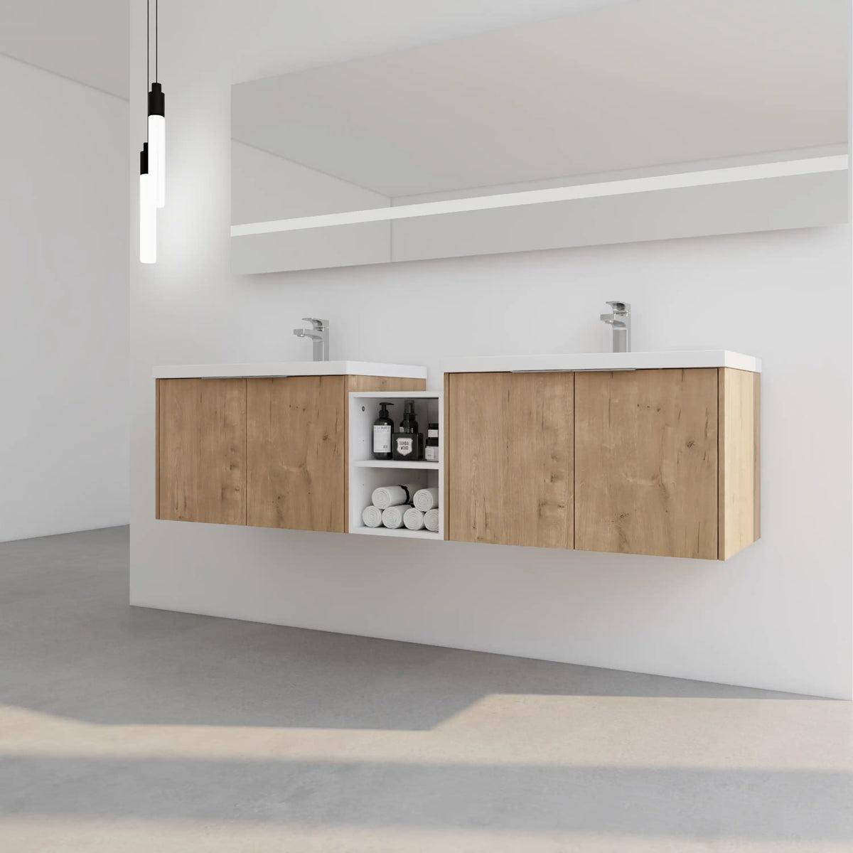 Angled view of the Monterey Series 72 inch floating vanity with double resin sinks and center shelf in modern bathroom.