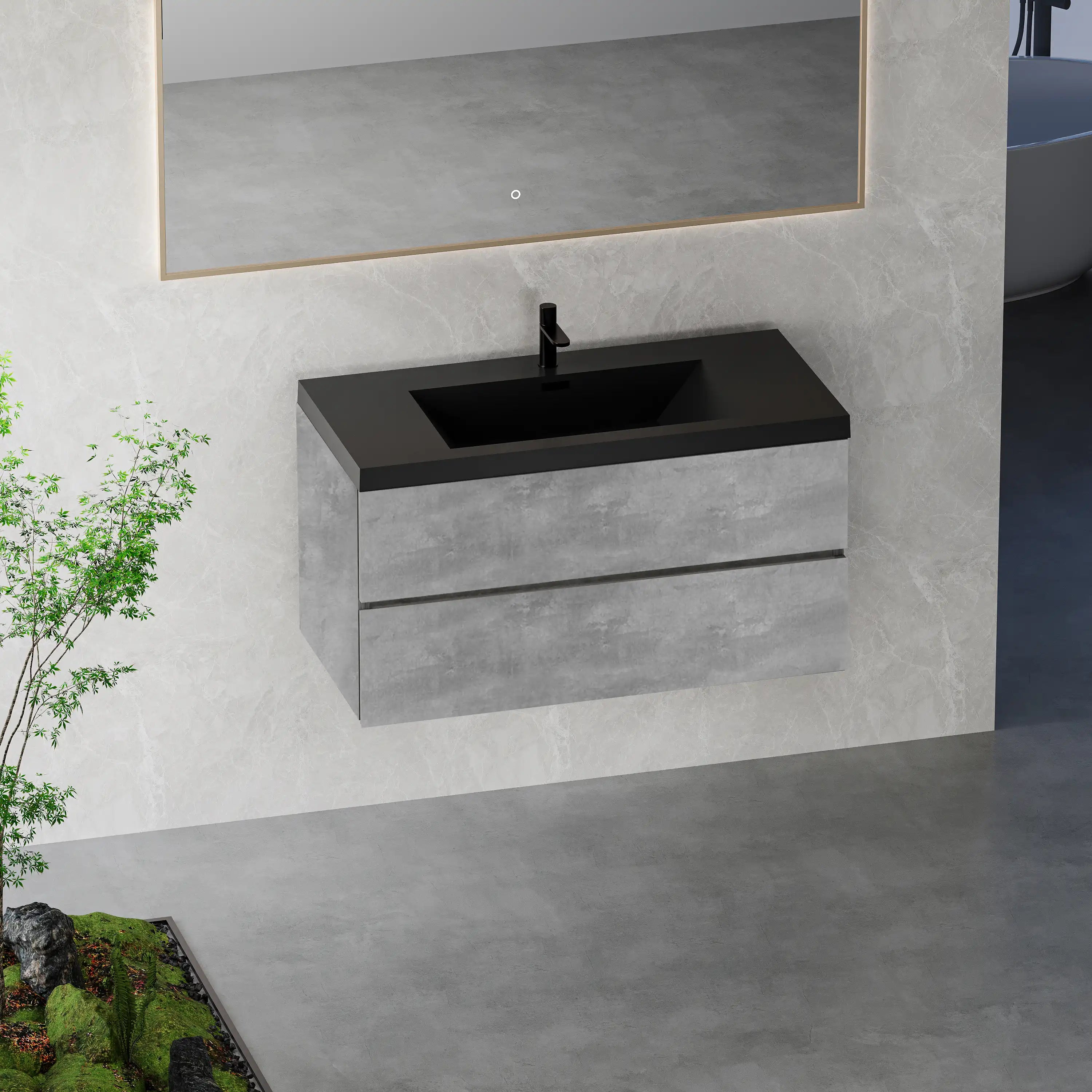 23''-47'' Floating Dark Grey Corner Vanity with Matte Black Sink - 2 Soft Close Drawers