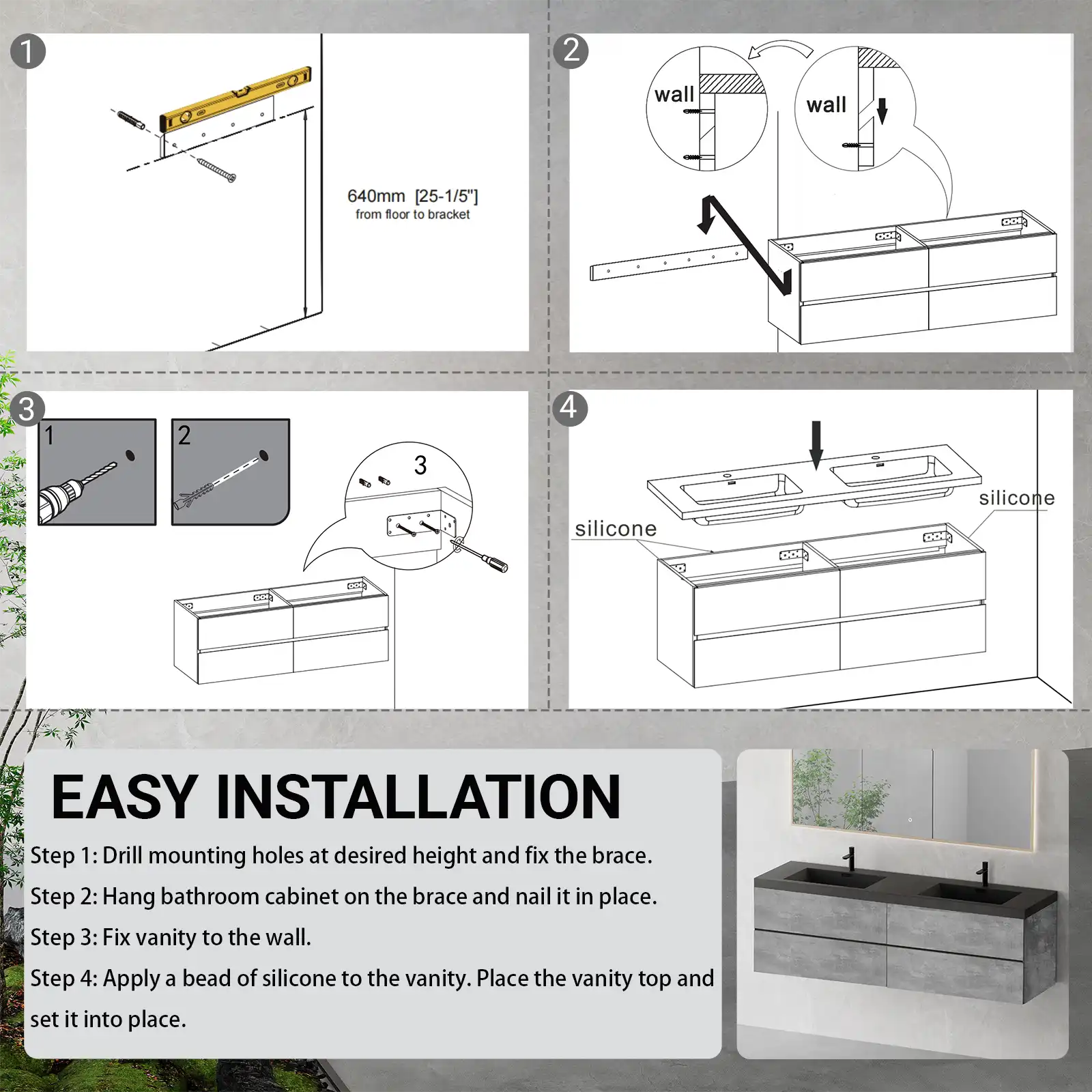 Easy installation guide for grey floating vanity | Ace Decor