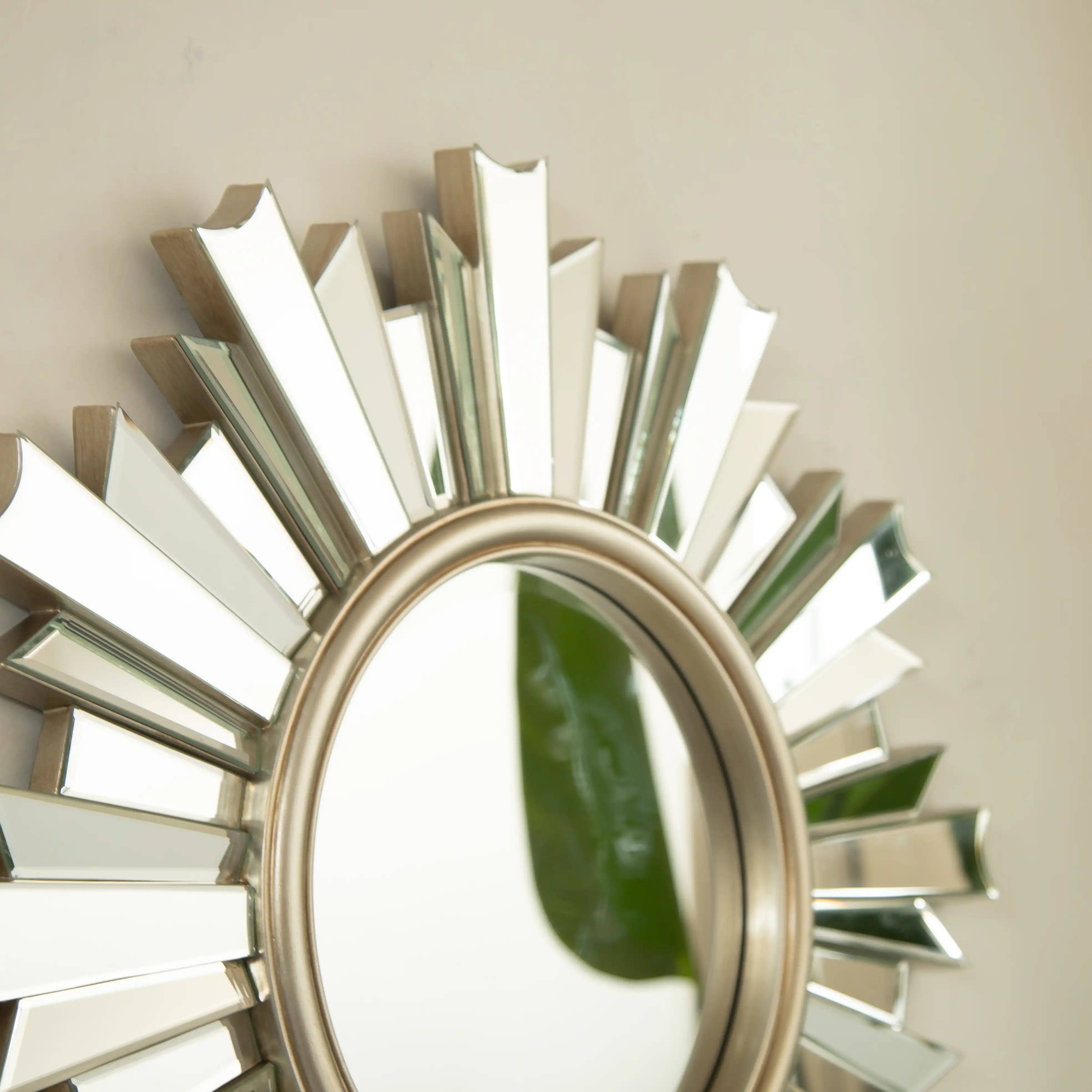 26 inch decorative bathroom sunburst mirror with close-up of reflective frame details | Ace Decor