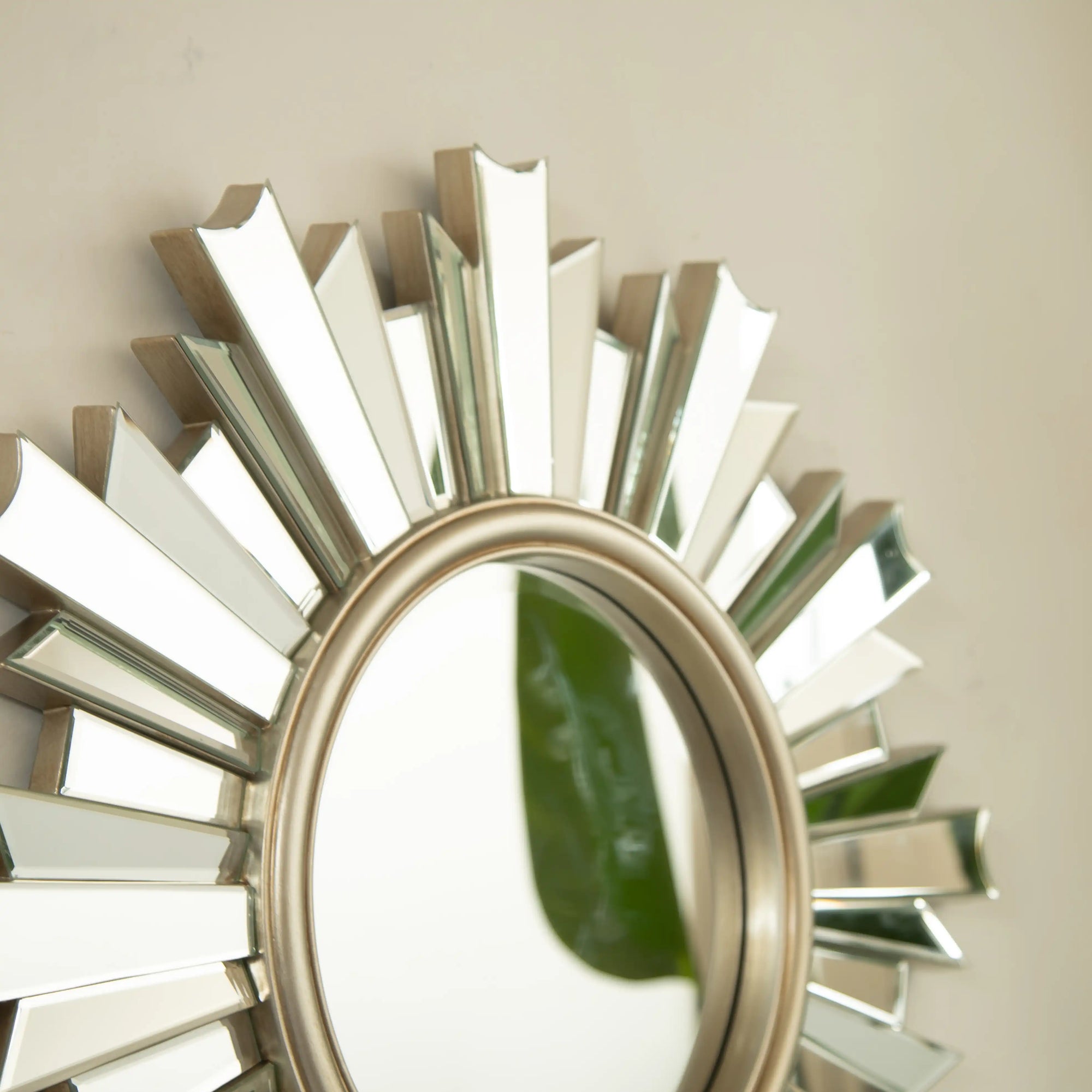 26 inch decorative bathroom sunburst mirror with close-up of reflective frame details | Ace Decor