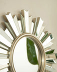 26 inch decorative bathroom sunburst mirror with close-up of reflective frame details | Ace Decor